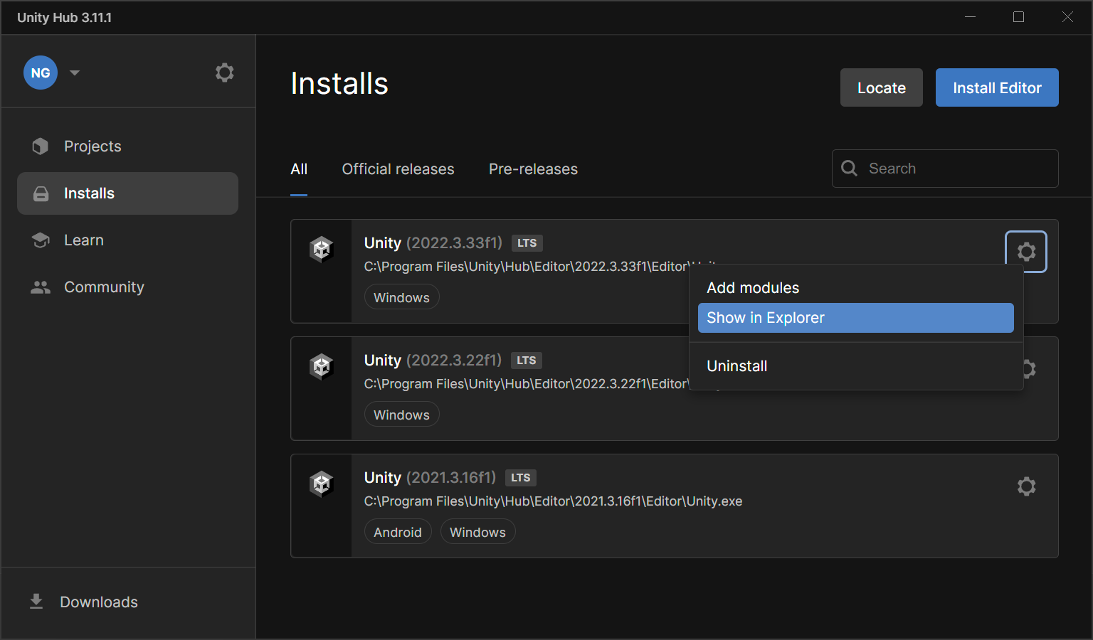 Unity Hub Installs Page